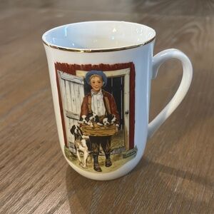 Norman Rockwell “puppy love” Charming Mug with Boy and Puppies Illustrat…